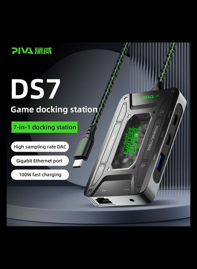PIVA DS7 7-in-1 USB-C Docking Station & Gaming Hub – 4K@60Hz HDR Video, 100W PD Fast Charging, 32Bit/384KHz Hi-Fi Audio, Gigabit Ethernet, USB 3.1 Data Transfer for Streaming & Recording – Compatible with RedMagic, iPhone, iPad, Android & Laptops
