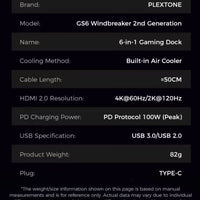 PLEXTONE GS6 Gen 2 USB-C 6-in-1 Gaming Docking Station Hub with Built-in Turbo Fan Cooling, 2K 120Hz & 4K 60Hz HDMI Output, PD 100W Fast Charging, Dual USB High-Speed Data, 3.5mm/USB/Type-C Audio Support – Compatible with iPad Pro, RedMagic, Samsung, OneP