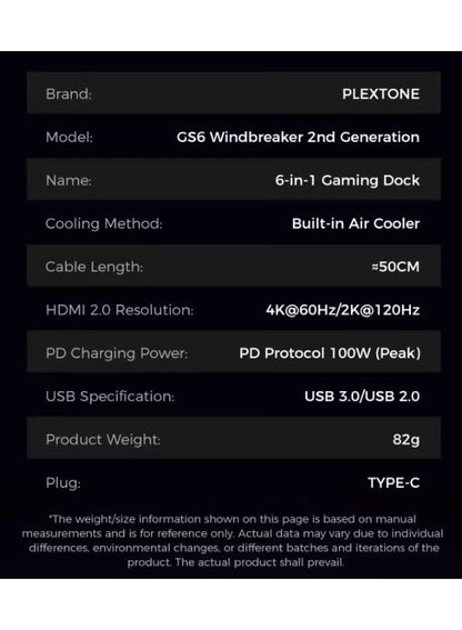 PLEXTONE GS6 Gen 2 USB-C 6-in-1 Gaming Docking Station Hub with Built-in Turbo Fan Cooling, 2K 120Hz & 4K 60Hz HDMI Output, PD 100W Fast Charging, Dual USB High-Speed Data, 3.5mm/USB/Type-C Audio Support – Compatible with iPad Pro, RedMagic, Samsung, OneP