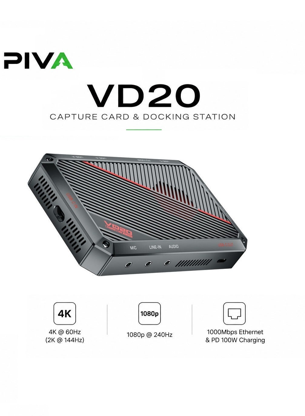 PIVA VD20 UHD 4K60Hz & 1080p 240Hz Video Capture Card & Gaming Dock with Built-i
