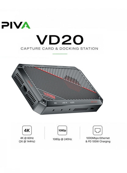PIVA VD20 UHD 4K60Hz & 1080p 240Hz Video Capture Card & Gaming Dock with Built-i