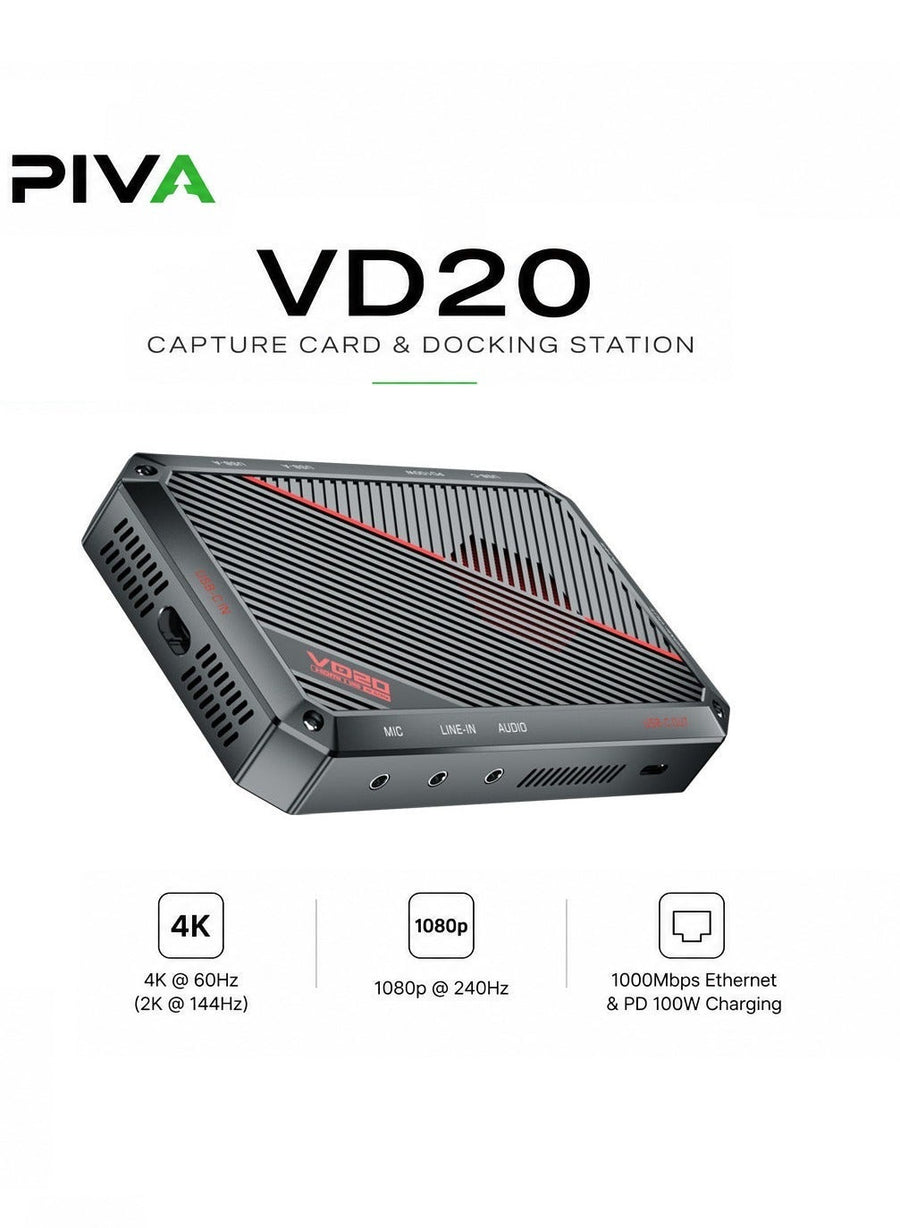 PIVA VD20 UHD 4K60Hz & 1080p 240Hz Video Capture Card & Gaming Dock with Built-in Cooling Fan for Live Streaming – Connect iPad, iPhone 15/17, Android Phones & Tablets to PC via HDMI & USB 3.0, Gigabit Ethernet, PD 100W Charging, VRR Support, Mic & Audio