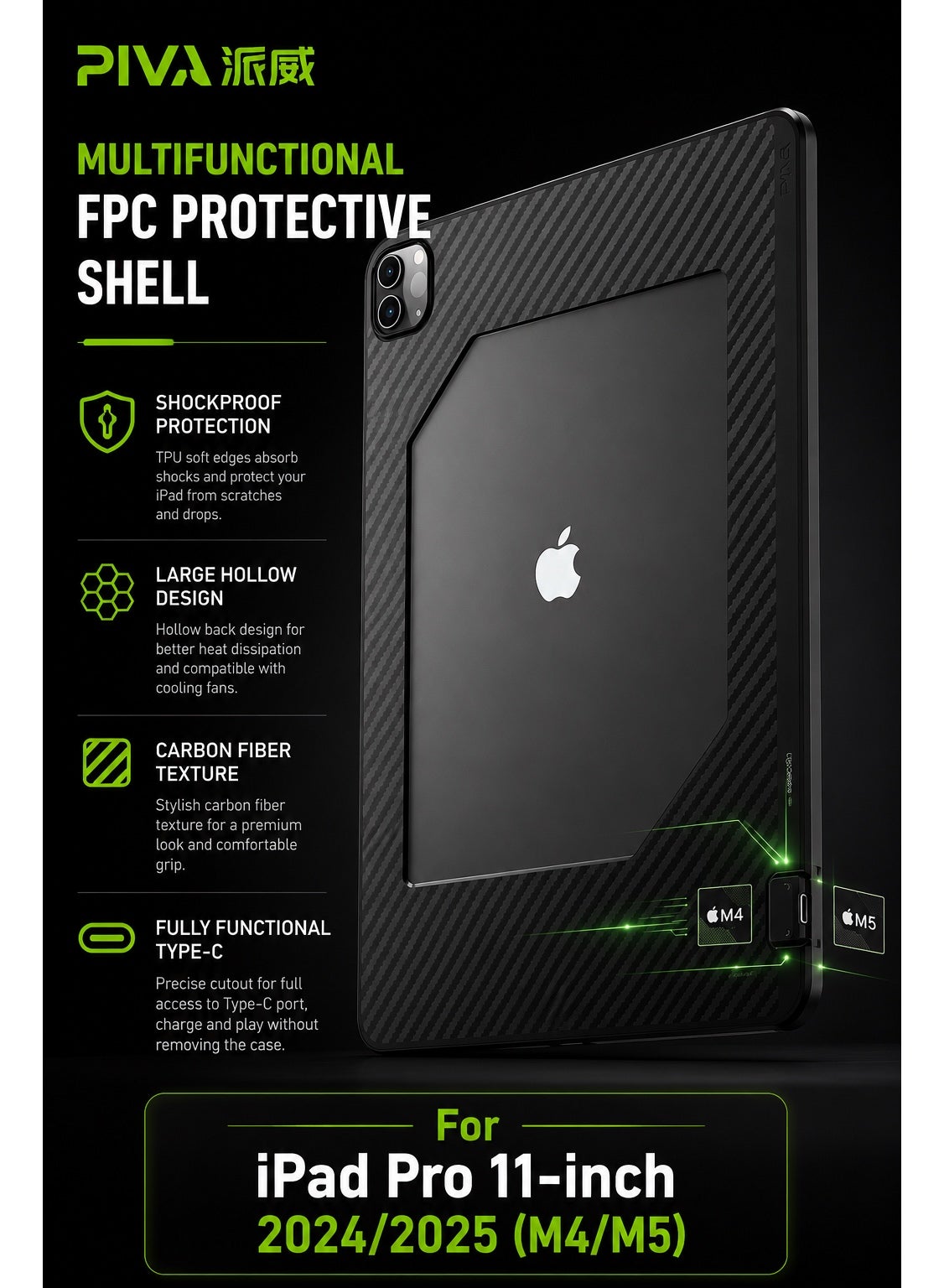 PIVA Gaming 2-in-1 iPad Protective Case with FPC Tail Plug, PD 100W Fast Charging, 10Gbps Data Transfer, 4K 60Hz Video Output, Carbon Fiber TPU Cover, Magnetic Cooler Compatible for ( iPad Pro 11-inch 2024/2025 M4/M5 )