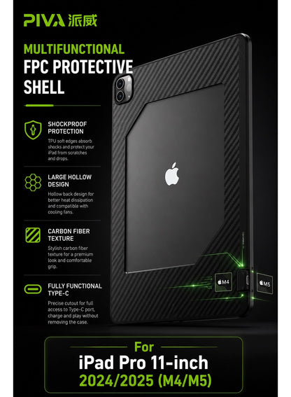 PIVA Gaming 2-in-1 iPad Protective Case with FPC Tail Plug, PD 100W Fast Charging, 10Gbps Data Transfer, 4K 60Hz Video Output, Carbon Fiber TPU Cover, Magnetic Cooler Compatible for ( iPad Pro 11-inch 2024/2025 M4/M5 )