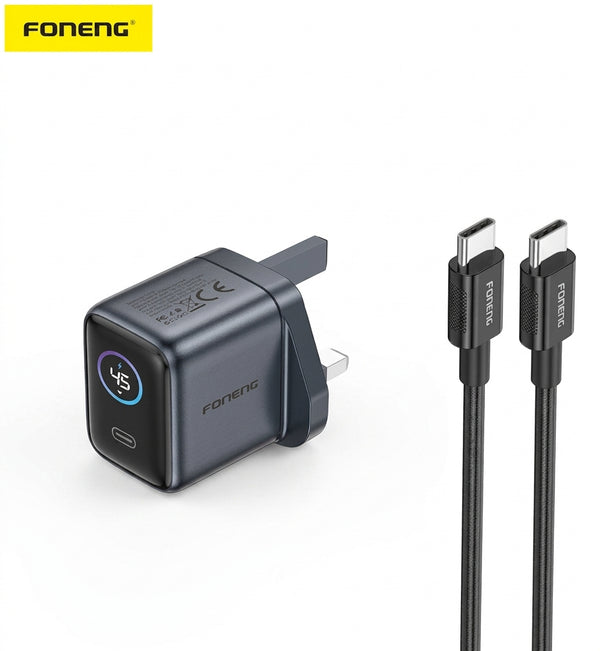 FONENG UK34 45W GaN USB-C Fast Charger with TFT Smart Screen – Live Wattage Display, Single USB-C Power Delivery, Compact UK Plug for iPhone, iPad, Android, Tablets & Laptops – Black