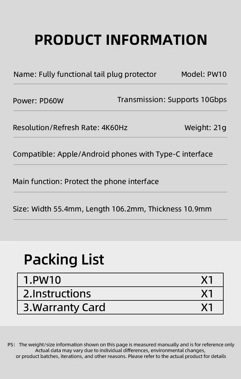 PIVA FPC Mobile Phone Tail Plug Protector Full Functionality Support 4K60Hz PD60w 10Gbps for Android IOS Phone