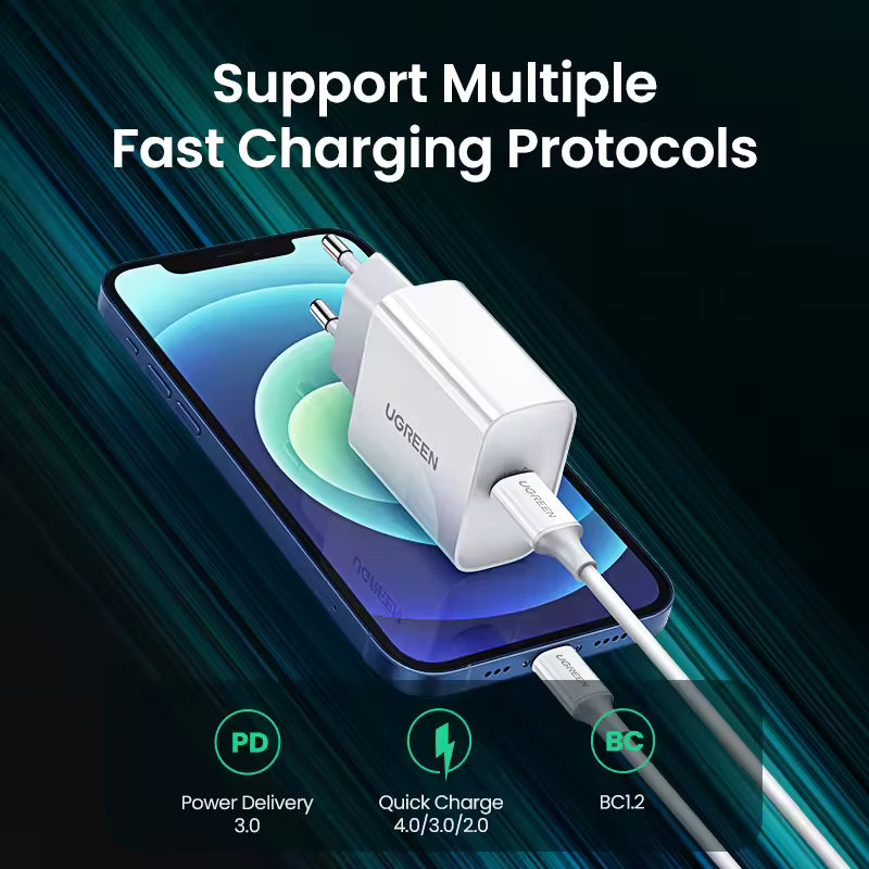 يوجرين شاحن سفري PD USB-C شاحن هاتف محمول 20W شاحن سريع PD محول طاقة USB-C للشحن السريع للآيفون برو ماكس