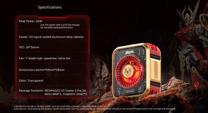 Golden RedMagic 5 Pro Magnetic Phone Cooler – Special Edition, 36W RGB Radiator Fan with Clip, Semiconductor Graphene Heatsink for Gaming, Streaming, iPhone, Android, iPad