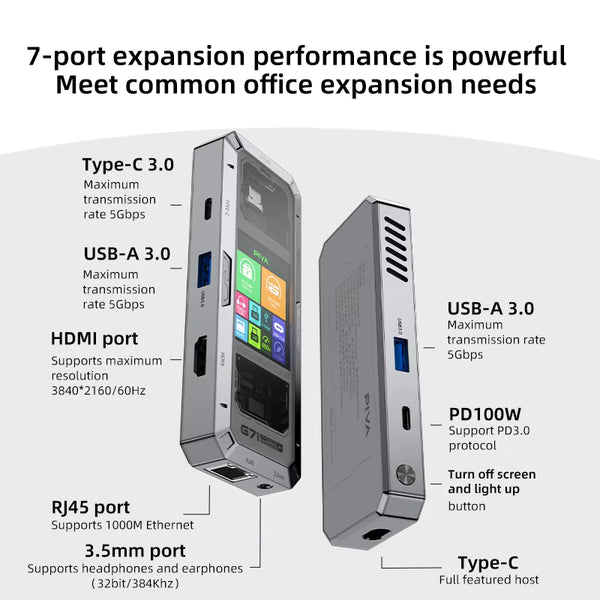 PIVA G71 7-in-1 Smart Display Docking Station – Aluminum Type-C Hub with 100W PD, 4K HDMI, Dual USB 3.0, Ethernet & Audio Ports for Gaming and Work