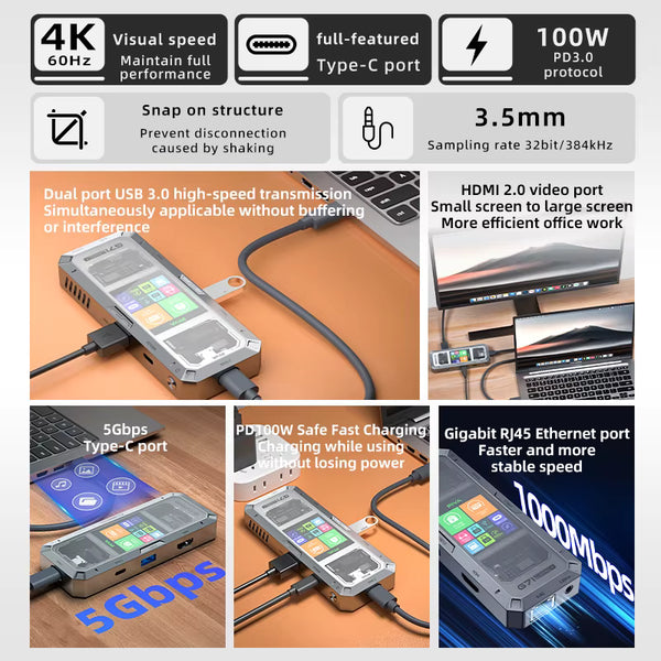 PIVA G71 7-in-1 Smart Display Docking Station – Aluminum Type-C Hub with 100W PD, 4K HDMI, Dual USB 3.0, Ethernet & Audio Ports for Gaming and Work
