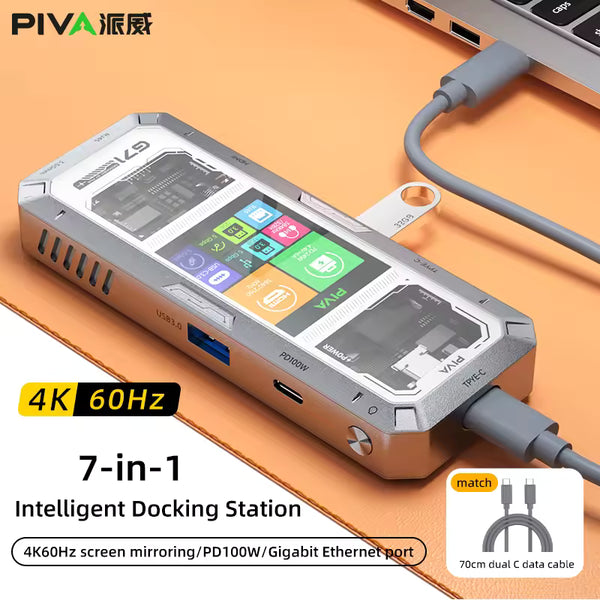 PIVA G71 7-in-1 Smart Display Docking Station – Aluminum Type-C Hub with 100W PD, 4K HDMI, Dual USB 3.0, Ethernet & Audio Ports for Gaming and Work