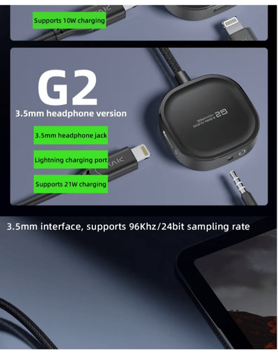Piva G2 iPhone Dual Port Splitter 3.5mm Lightning Converter MFI Certified Chipset by Apple with Long Wire