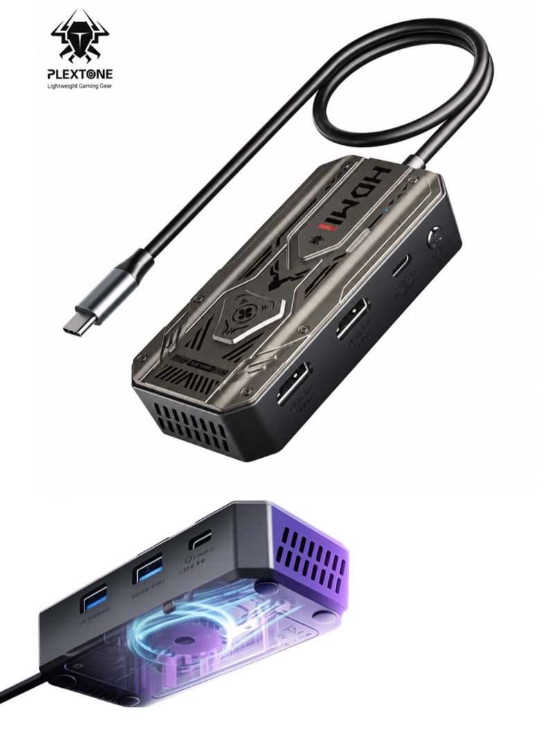 PLEXTONE GS6 Gen 2 USB-C 6-in-1 Gaming Docking Station Hub with Built-in Turbo Fan Cooling, 2K 120Hz & 4K 60Hz HDMI Output, PD 100W Fast Charging, Dual USB High-Speed Data, 3.5mm/USB/Type-C Audio Support – Compatible with iPad Pro, RedMagic, Samsung, OneP