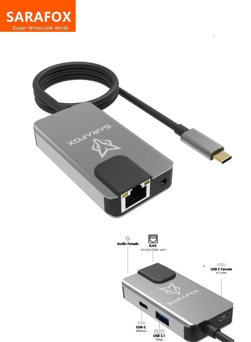 Sarafox 5-in-1 USB-C Gaming Docking Station & Hub Dongle with Gigabit Ethernet Adapter, Type-C to 3.5mm Audio, USB-A 3.1, 100W PD Fast Charging, Low-Latency Network for Gaming & Live Streaming – Compatible with RedMagic, iPad, iPhone 15/16/17 Series, Andr