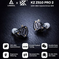 KZ ZS10 PRO 2 IEM In Ear Monitor, 1DD+4BA Hybrid Wired 3.5mm Earphone Earbuds with 4-Level Tuning Switch, 3-Way Crossover, Silver-Plated Cable for Musicians, Audiophiles & Gamers (With Mic)