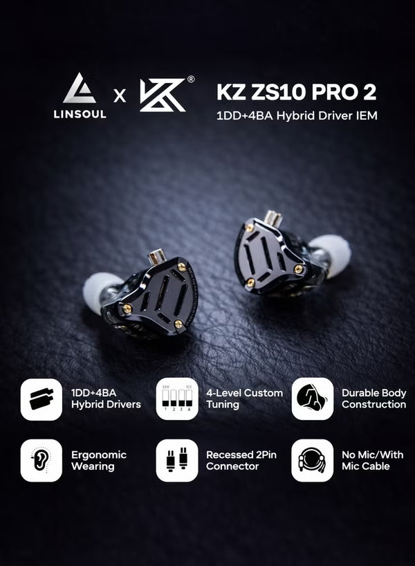 KZ ZS10 PRO 2 IEM سماعة في الأذن، سماعة رأس هجينة 1DD+4BA بسلك 3.5mm مع مفتاح ضبط 4 مستويات، 3-Way Crossover، كابل مطلي بالفضة لموسيقاريين و audiophiles و لاعبي ألعاب (مع ميكروفون)