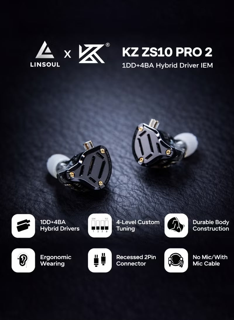 KZ ZS10 PRO 2 IEM In Ear Monitor, 1DD+4BA Hybrid Wired 3.5mm Earphone Earbuds with 4-Level Tuning Switch, 3-Way Crossover, Silver-Plated Cable for Musicians, Audiophiles & Gamers (With Mic)