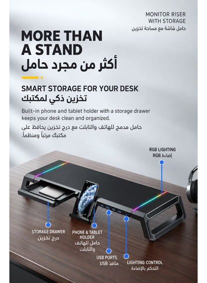 Monitor Stand Riser by ICECOOREL T1, RGB Gaming Computer Monitor Stand with 4-Port USB Hub, USB 3.0 & USB 2.0, Storage Drawer, Phone & Tablet Holder, 20kg Heavy-Duty Desk Organizer for PC Laptop Monitor
