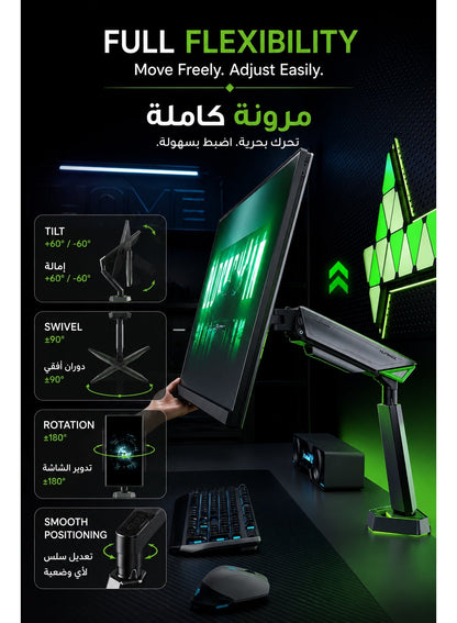 Gaming Monitor Arm & Single Monitor Stand, Heavy Duty RGB Desk Mount for 17–45″ Screens, Supports up to 16 kg, Full-Motion Tilt, Swivel & 360° Screen Rotation, Infinity Mirror with 20 RGB Lighting Modes, VESA 75×75 / 100×100, Built-In Cable Management