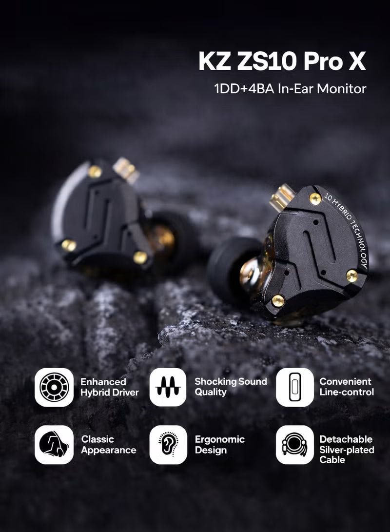 KZ ZS10 PRO X IEM original Upgraded 1DD+4BA Hybrid Driver HiFi in Ear Earphones IEM with Alloy Faceplate, Detachable Silver-Plated Recessed 2Pin Cable for Audiophile Musician DJ Stage (With Mic)