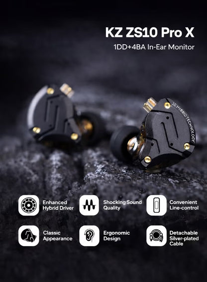 KZ ZS10 PRO X IEM original Upgraded 1DD+4BA Hybrid Driver HiFi in Ear Earphones IEM with Alloy Faceplate, Detachable Silver-Plated Recessed 2Pin Cable for Audiophile Musician DJ Stage (With Mic)