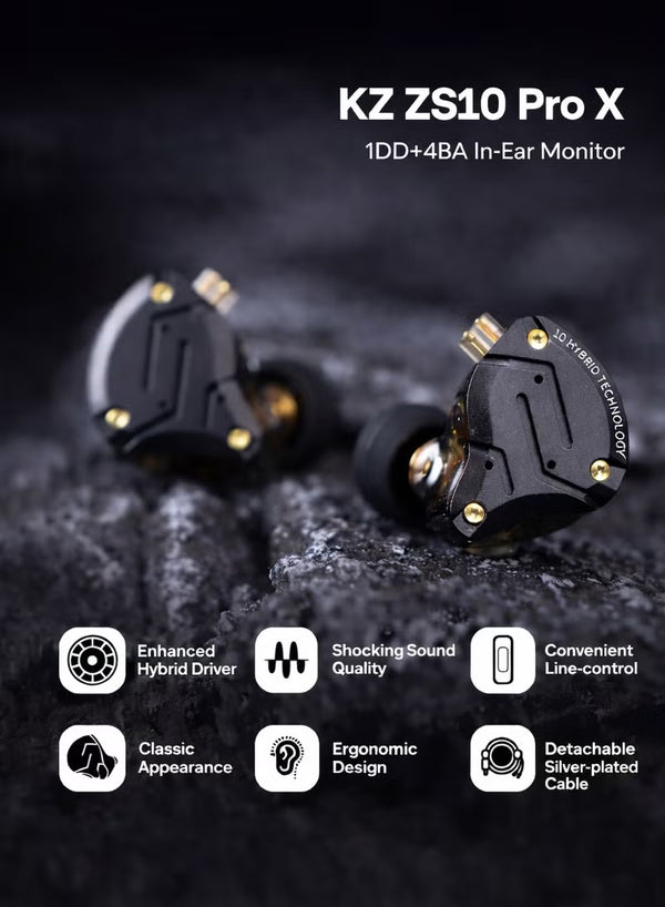 سماعات KZ ZS10 PRO X IEM الأصلية المحدثة بمحرك هجين 1DD+4BA، سماعات أذن HiFi داخل الأذن مع لوحة وجه من السبائك، كابل 2Pin فضي مطلي قابل للفصل غير بارز لعشاق الموسيقى والموسيقار و DJ والمسرح (مع ميكروفون)