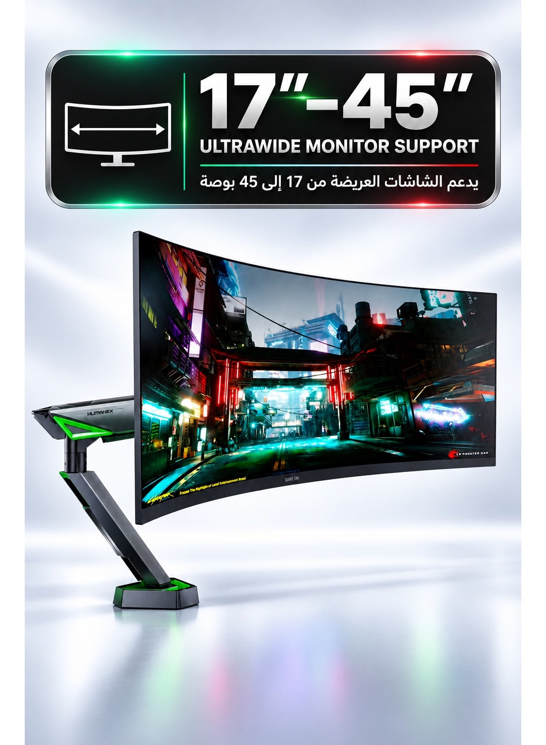 Gaming Monitor Arm & Single Monitor Stand, Heavy Duty RGB Desk Mount for 17–45″ Screens, Supports up to 16 kg, Full-Motion Tilt, Swivel & 360° Screen Rotation, Infinity Mirror with 20 RGB Lighting Modes, VESA 75×75 / 100×100, Built-In Cable Management