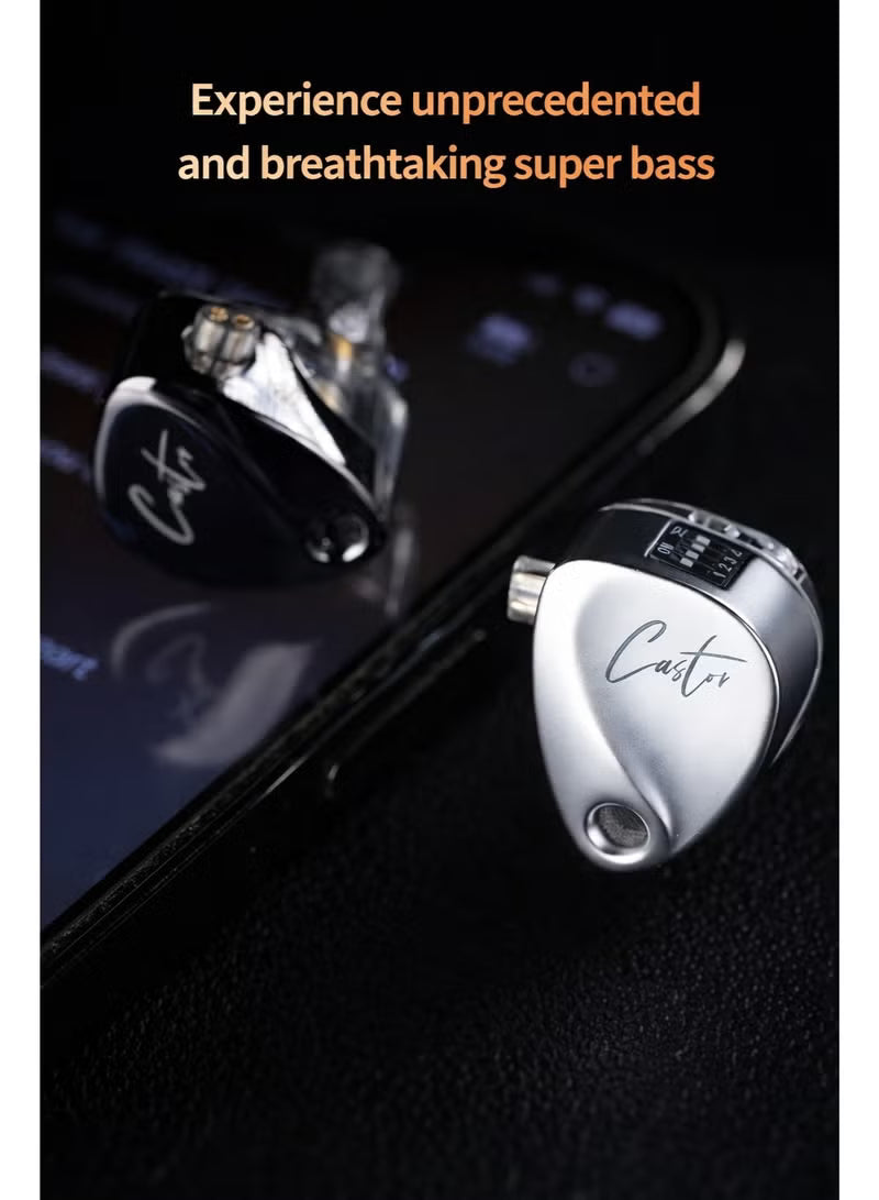 Z Castor Harman IEM Target Version IEM In-Ear Earphones – Dual Dynamic Drivers (10mm + 8mm), Tunable Sound with 4 Adjustment Switches (16 Profiles), Noise Isolating, 3.5mm, 0.75mm 2-Pin, Silver With Mic