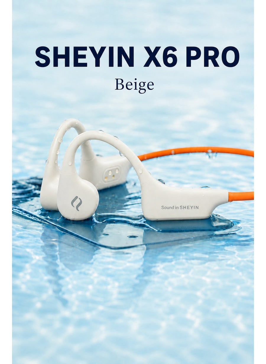 SHEYIN X6 Pro Bone Conduction Swimming Headphones, IPX8 Waterproof Open Ear Bluetooth 6 Sports Headset with 32GB Built In MP3 Player and Up to 10 Hour Battery for Swimming, Running, Cycling and Gym, Beige