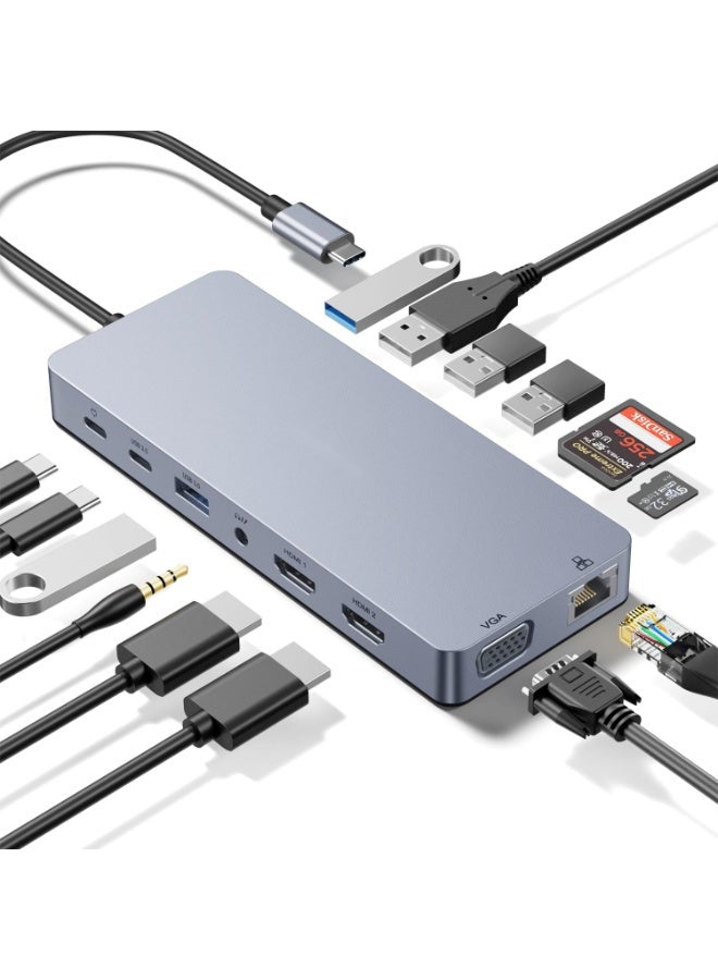 14-in-1 USB C Laptop Docking Station with Dual HDMI, USB-A & C 5Gbps, SD/TF Card Slots, VGA, and Ethernet