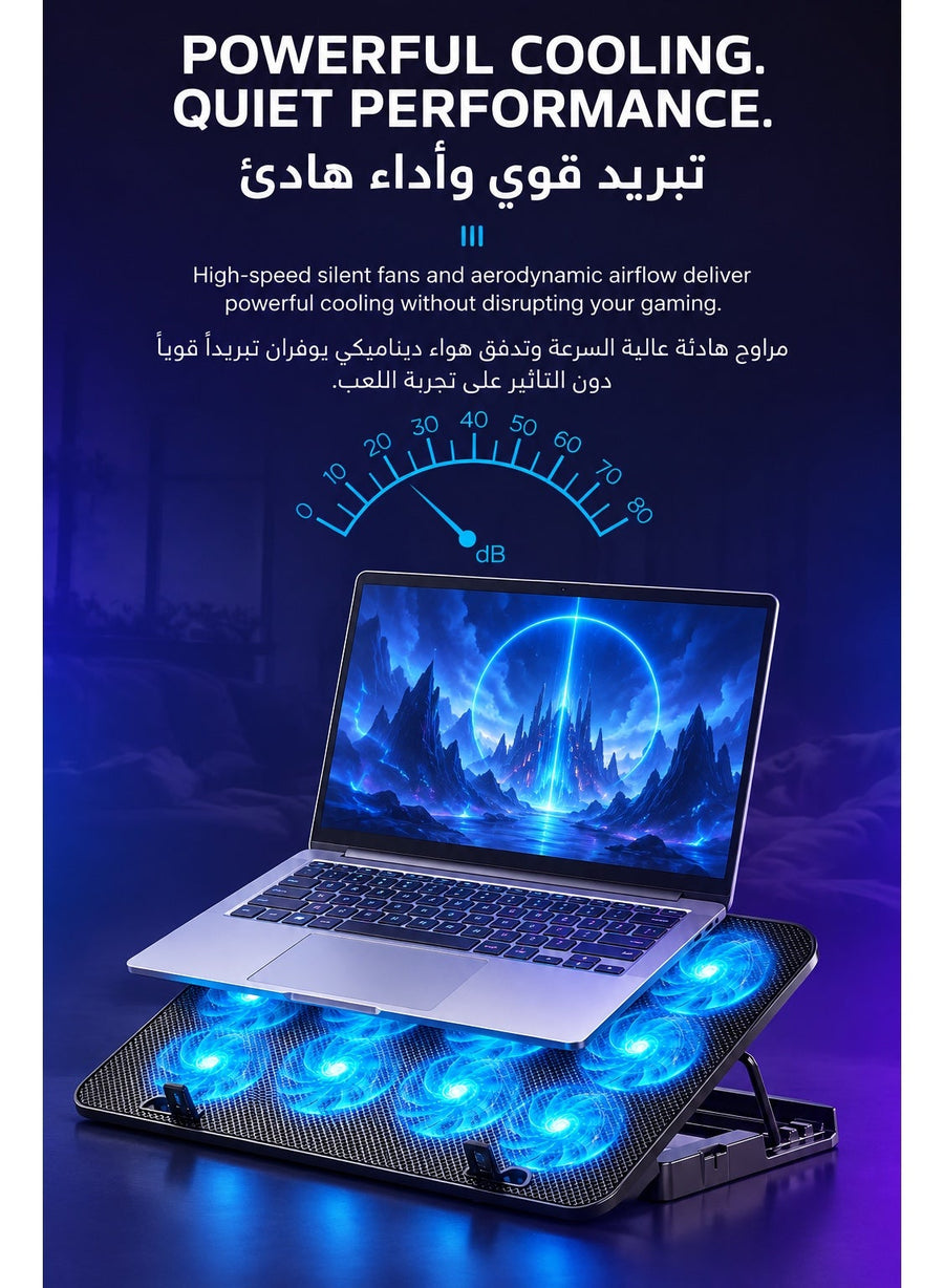 ICECOOREL 10-Fan Laptop Cooling Pad, Gaming Laptop Cooler Stand with 3500-4000 RPM High-Speed Quiet Fans, 5-Level Adjustable Height, Dual USB Ports, Anti-Slip Cooling Fan Stand for Laptops
