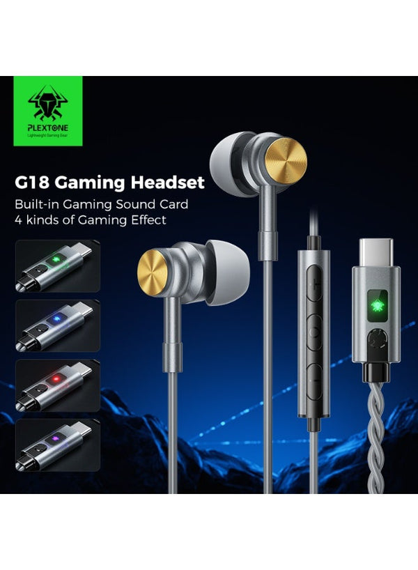 PLEXTONE Armor G18 Type C Gaming Earphones with Built In Digital Sound Card and 4 Gaming Sound Modes, Lightweight In Ear Headset with Microphone for PUBG Mobile, Call of Duty Mobile and Free Fire, Compatible with iPhone, iPad, RedMagic