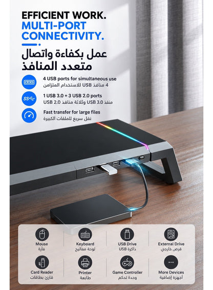 Monitor Stand Riser by ICECOOREL T1, RGB Gaming Computer Monitor Stand with 4-Port USB Hub, USB 3.0 & USB 2.0, Storage Drawer, Phone & Tablet Holder, 20kg Heavy-Duty Desk Organizer for PC Laptop Monitor