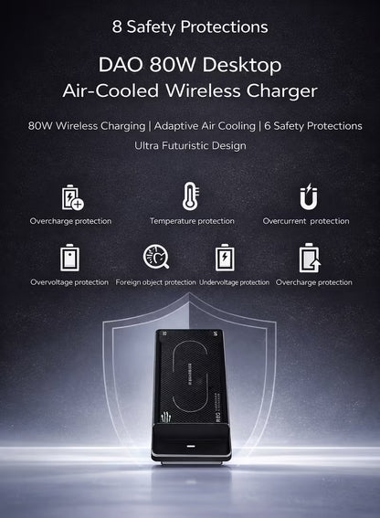 C 80W Fast Wireless Charger – Air-Cooled Wireless Charging with 5000 RPM Fan, Dual-Use Charger & Phone Stand, Carbon Fiber Texture, Multi-Device Compatibility, 8-Level Safety Protection, Includes 120W Power Adapter, For iPhone 17 and below, Samsung, Redma