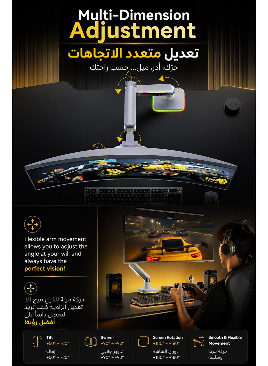 Gaming Monitor Arm & Single Monitor Stand, Heavy Duty RGB Desk Mount for 17–35″ Screens, Supports up to 18 kg, Full-Motion Tilt, Swivel & 360° Screen Rotation, Brilliance Angel Design with 20 RGB Lighting Modes, VESA 75×75 / 100×100