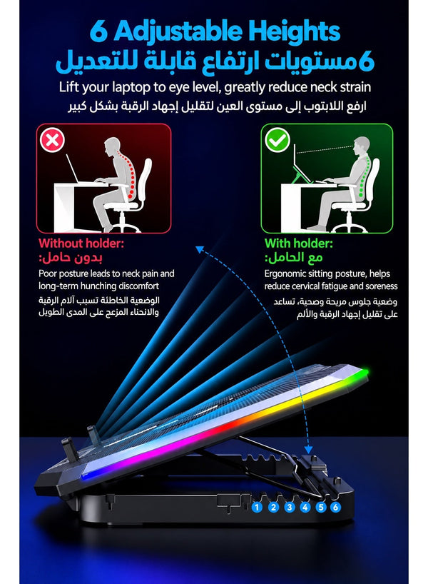 Laptop Cooling Pad Ice Coorel K10 with 8 Turbo Fans 2000–2800RPM, RGB Gaming Cooler for 13.3–19.7 Inch Laptops, Digital Control Panel, 7 RGB Modes, 6 Adjustable Heights, Removable Phone Stand for ASUS ROG, Alienware, Lenovo Legion, MSI, Acer Predator