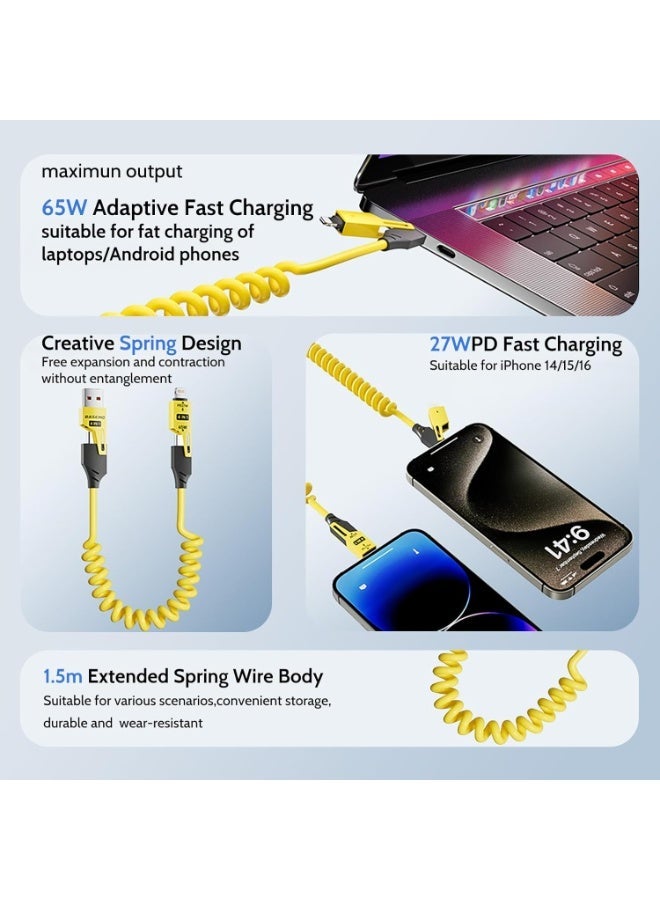 Basemo 4-in-1 Spring Data Cable, 65W USB-C Multi Fast Charging Cable 5FT, Multi 