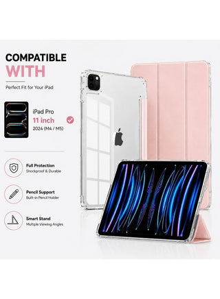 Premium Acrylic Clear Case for iPad Pro 11 Inch 2024 (M4 / M5) – Anti-Bend Shockproof Smart Folio Stand Cover with Auto Sleep Wake & Pencil Support - pink