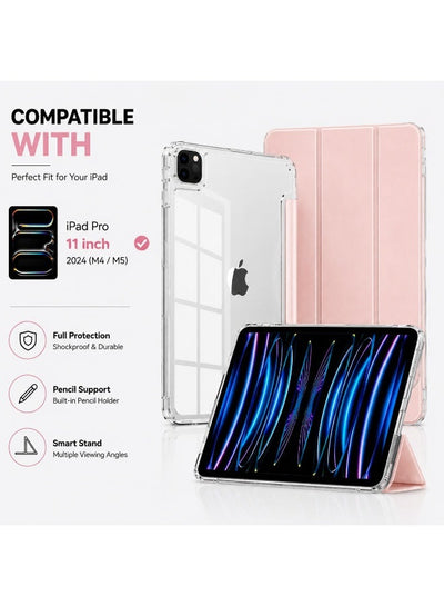 Premium Acrylic Clear Case for iPad Pro 11 Inch 2024 (M4 / M5) – Anti-Bend Shockproof Smart Folio Stand Cover with Auto Sleep Wake & Pencil Support - pink
