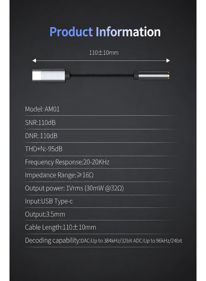 KZ AM01 USB-C to 3.5mm DAC Headphone Amplifier Adapter — Universal USB-C Hi-Res Audio Decoder with Dual Independent DAC & Amplifier Chips, Supports High-Impedance Headphones up to 600Ω — Compatible with USB-C Devices (Android, iPhone 15+/iPad