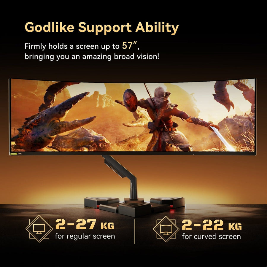 Humanex Divine Power Premium Professional Gaming Monitor Arm, Heavy Duty Single Monitor Desk Mount for 24–57″ Screens, Supports up to 27 kg, Full Motion Tilt, Swivel and 180° Screen Rotation, VESA 75×75 / 100×100, Built In Cable Management, C-Clam