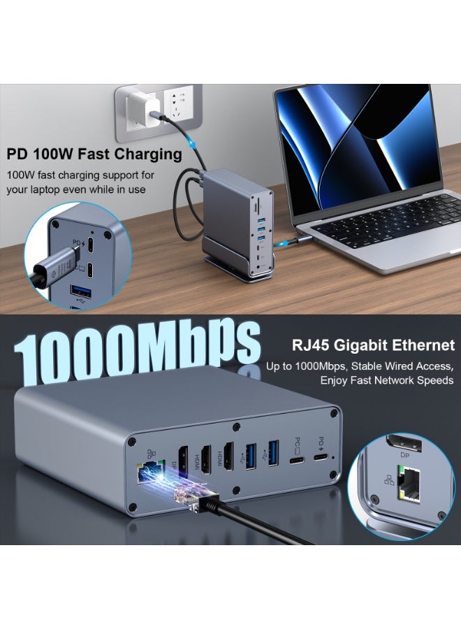 15-in-1 USB-C Docking Station, Triple 4K 60Hz Display Laptop Dock with Dual HDMI, DisplayPort 1.4 8K, 100W PD Fast Charging, 10Gbps USB-C & USB-A, Gigabit Ethernet, SD/TF Card Reader, 3.5mm Audio for MacBook, Windows Laptop & USB-C Devices