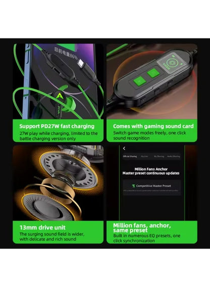 PIVA S6PRO Gaming Earphones With 27 PD Charging Port , APP Control, Built-in Sound Card, 3D Surround Sound, RGB Lighting, For iPhone, Redmagic, Samsung, Mobile, PC, PS5, PS4, Xbox Series X/s, Xbox One, Nintendo Switch - Type C Green