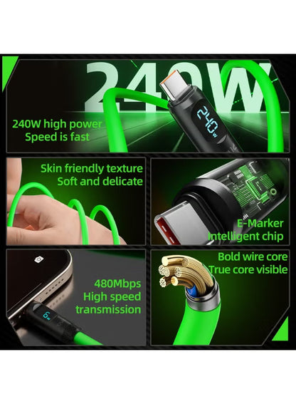 Piva Intelligent 240W PD Super Fast Charging Type-C to Type-C Data Cable with Intelligent Digital Display, 1.5m Liquid Silicone Cable, 480Mbps High-Speed Data Transfer for Gamings, IOS AND ANDROID