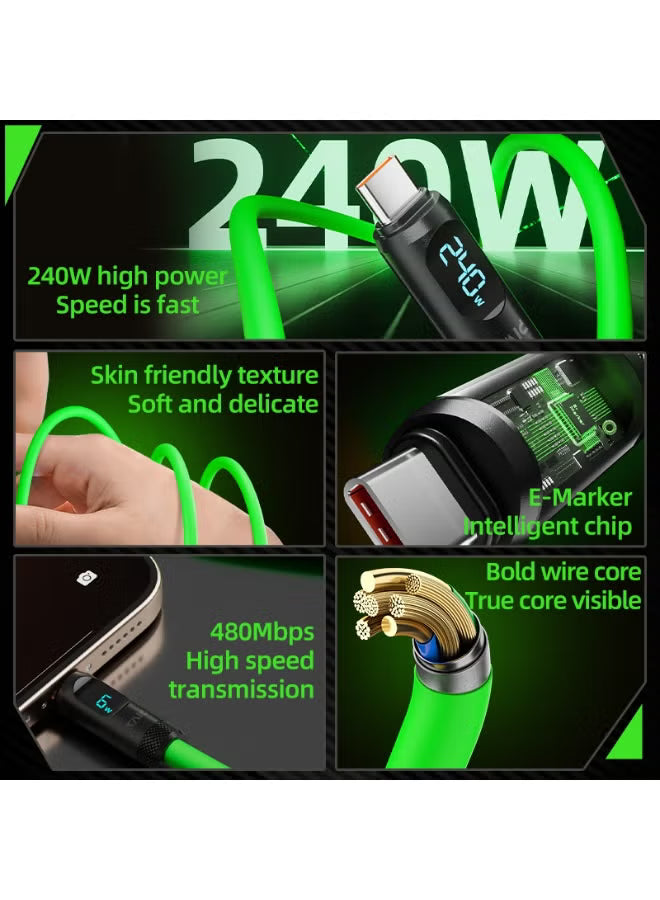 PIVA Intelligent 240W PD Super Fast Charging Type-C to Type-C Data Cable with Intelligent Digital Display, 1.5m Liquid Silicone Cable, 480Mbps High-Speed Data Transfer for Gaming, RedMagic, iPhone 15 & 17 Series, iPad Pro, Tablets and Laptops