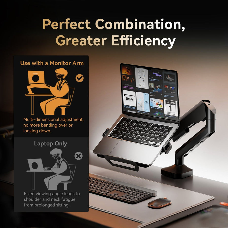 حامل لابتوب قيمنق Humanex A80 لذراع الشاشة والحوامل المكتبية – صينية تثبيت VESA 75×75 / 100×100 للابتوبات من 12 إلى 18 بوصة، عرض قابل للتعديل، تصميم مهوّى، تناسب أذرع شاشات القيمنق والحوامل – ( موديل A80 B – أسود )