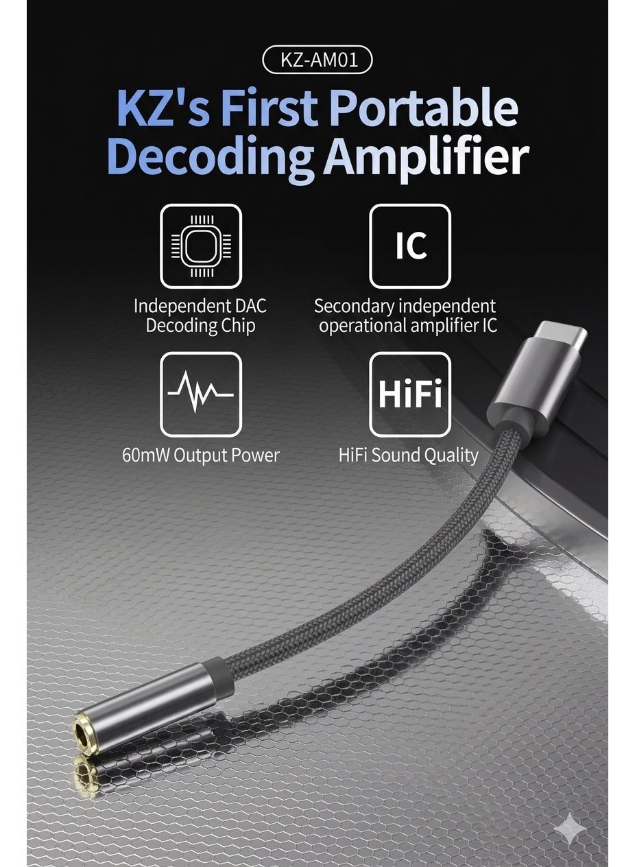 KZ AM01 USB-C to 3.5mm DAC Headphone Amplifier Adapter — Universal USB-C Hi-Res Audio Decoder with Dual Independent DAC & Amplifier Chips, Supports High-Impedance Headphones up to 600Ω — Compatible with USB-C Devices (Android, iPhone 15+/iPad