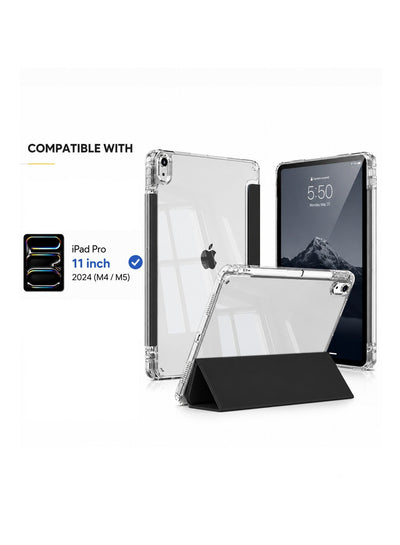 Premium Acrylic Clear Case for iPad Pro 11 Inch 2024 (M4 / M5) – Anti-Bend Shockproof Smart Folio Stand Cover with Auto Sleep Wake & Pencil Support - black
