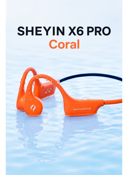 SHEYIN X6 Pro Bone Conduction Swimming Headphones, IPX8 Waterproof Open Ear Bluetooth 5.4 Sports Headset with 32GB Built In MP3 Player and Up to 10 Hour Battery for Swimming, Running, Cycling and Gym, Coral