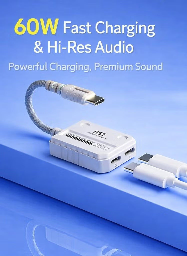Plextone GS1 Type-C 2-in-1 Adapter Dongle, Dual Type-C Headphone & Charging Jacks with 60W Fast Charging, Hi-Res Audio, Zero Delay, Mic Supported, Plug-and-Play USB-C Converter – Compatible with iPhone, RedMagic, Samsung, iPad & Tablets
